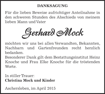 Traueranzeige von Gerhard Mock von Super Sonntag Aschersleben
