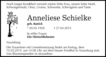 Traueranzeige von Anneliese Schielke von Mitteldeutsche Zeitung Naumburg/Nebra