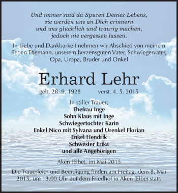 Traueranzeige von Erhard Lehr von Mitteldeutsche Zeitung Köthen