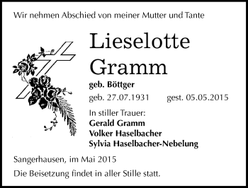 Traueranzeige von Lieselotte Gramm von Mitteldeutsche Zeitung Sangerhausen