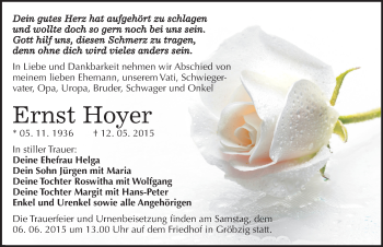 Traueranzeige von Ernst Hoyer von Mitteldeutsche Zeitung Köthen
