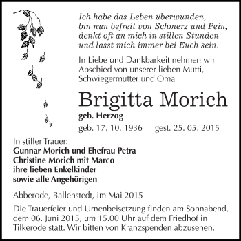 Traueranzeige von Brigitta Morich von Super Sonntag SGH Mansf. Land