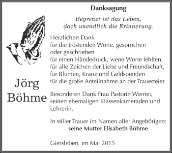 Traueranzeige von Jörg Böhme von Super Sonntag Aschersleben