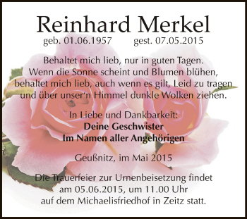 Traueranzeige von Reinhard Merkel von Super Sonntag Zeitz