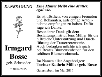 Traueranzeige von Irmgard Bosse von Mitteldeutsche Zeitung Aschersleben