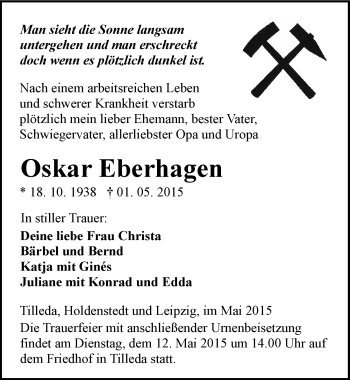 Traueranzeige von Oskar Eberhagen von Mitteldeutsche Zeitung Sangerhausen