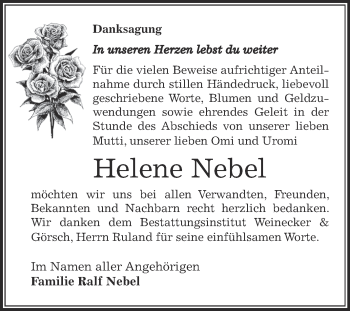 Traueranzeige von Helene Nebel von Super Sonntag Bernburg