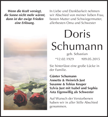 Traueranzeige von Doris Schumann von Mitteldeutsche Zeitung Zeitz