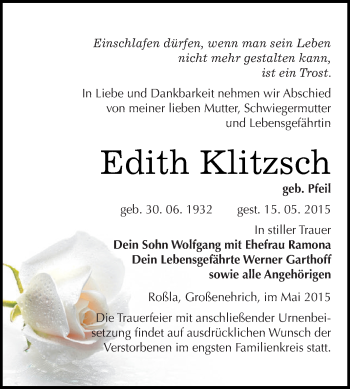 Traueranzeige von Edith Klitzsch von Super Sonntag SGH Mansf. Land
