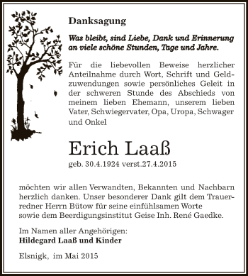 Traueranzeige von Erich Laaß von WVG - Wochenspiegel Dessau / Köthen