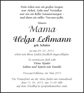 Traueranzeige von Helga Lehmann von WVG - Wochenspiegel Wittenberg