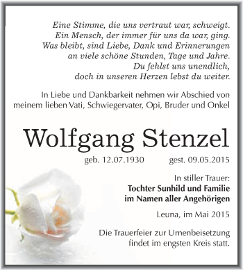 Traueranzeige von Wolfgang Stenzel von WVG - Wochenspiegel Merseburg