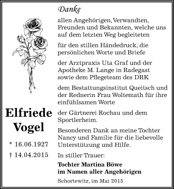 Traueranzeige von Elfriede Vogel von Mitteldeutsche Zeitung Köthen