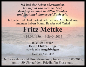 Traueranzeige von Fritz Mettke von Super Sonntag Aschersleben
