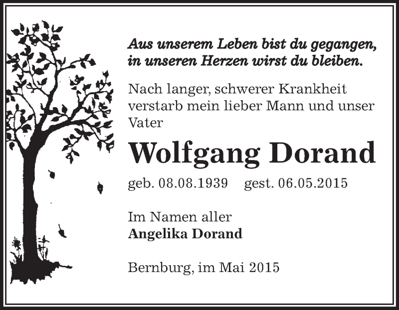  Traueranzeige für Wolfgang Dorand vom 10.05.2015 aus Super Sonntag Bernburg