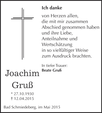 Traueranzeige von Joachim Gruß von WVG - Wochenspiegel Wittenberg