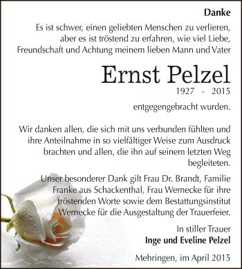 Traueranzeige von Ernst Pelzel von WVG - Wochenspiegel Bernburg