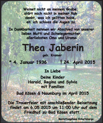 Traueranzeige von Thea Jaberin von Mitteldeutsche Zeitung Naumburg/Nebra