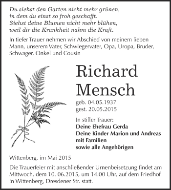 Traueranzeige von Richard Mensch von WVG - Wochenspiegel Wittenberg