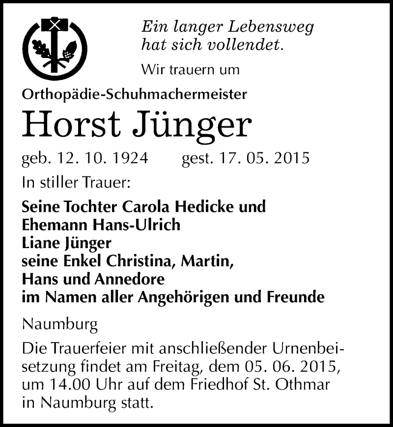  Traueranzeige für Horst Jünger vom 23.05.2015 aus Mitteldeutsche Zeitung Naumburg/Nebra