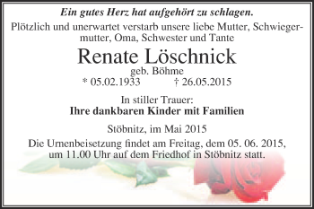 Traueranzeige von Renate Löschnick von WVG - Wochenspiegel Merseburg