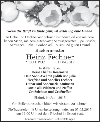 Traueranzeige von Heinz Fechner von WVG - Wochenspiegel Dessau / Köthen