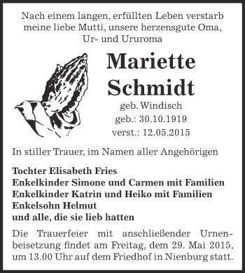 Traueranzeige von Mariette Schmidt von Super Sonntag Bernburg