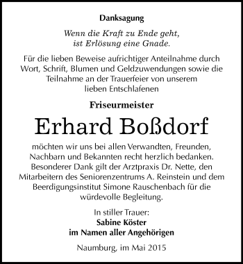 Traueranzeige von Erhard Boßdorf von Mitteldeutsche Zeitung Naumburg/Nebra