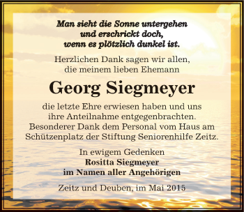 Traueranzeige von Georg Siegmeyer von Mitteldeutsche Zeitung Weißenfels