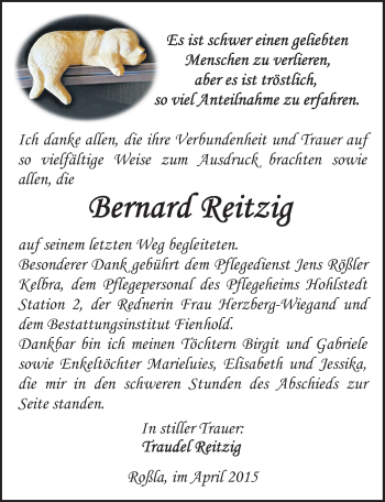 Traueranzeige von Bernard Reitzig von Mitteldeutsche Zeitung Sangerhausen