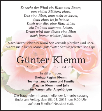 Traueranzeige von Günter Klemm von Mitteldeutsche Zeitung Halle/Saalkreis