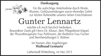 Traueranzeige von Gunter Lennartz von Super Sonntag Wittenberg