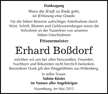 Traueranzeige von Erhard Boßdorf von Mitteldeutsche Zeitung Wittenberg