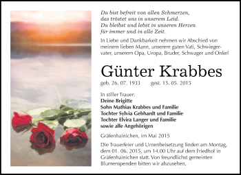 Traueranzeige von Günter Krabbes von WVG - Wochenspiegel Wittenberg