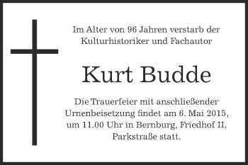 Traueranzeige von Kurt Budde von Super Sonntag Bernburg