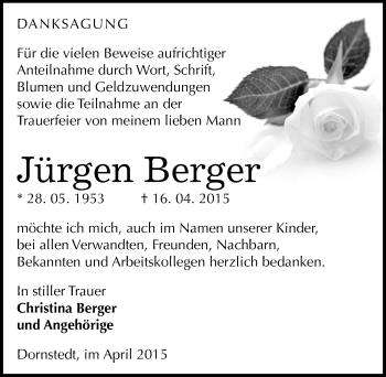 Traueranzeige von Jürgen Berger von Mitteldeutsche Zeitung Halle/Saalkreis