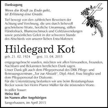Traueranzeige von Hildegard Kot von Super Sonntag SGH Mansf. Land