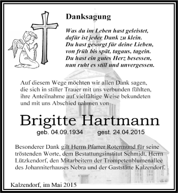 Traueranzeige von Brigitte Hartmann von Mitteldeutsche Zeitung Merseburg/Querfurt