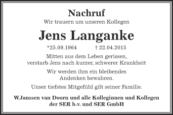 Traueranzeige von Jens Langanke von Super Sonntag Bernburg