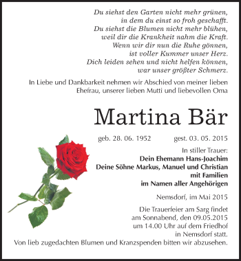 Traueranzeige von Martina Bär von Mitteldeutsche Zeitung Merseburg/Querfurt