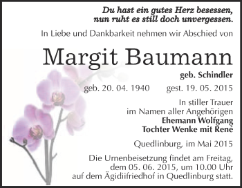 Traueranzeige von Margit Baumann von WVG - Wochenspiegel Quedlinburg