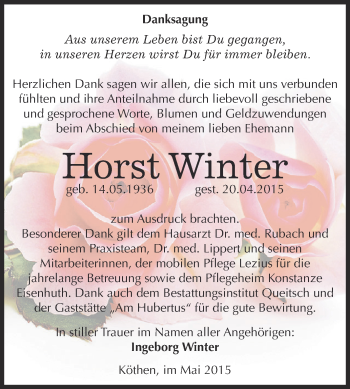 Traueranzeige von Horst Winter von WVG - Wochenspiegel Dessau / Köthen