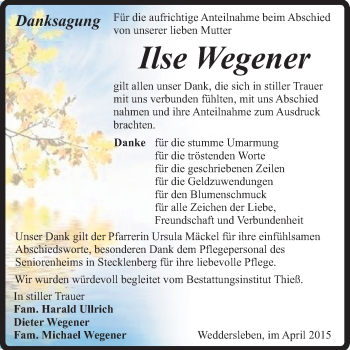 Traueranzeige von Ilse Wegener von Super Sonntag Quedlinburg