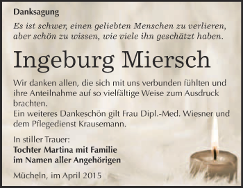 Traueranzeige von Ingeburg Miersch von WVG - Wochenspiegel Merseburg