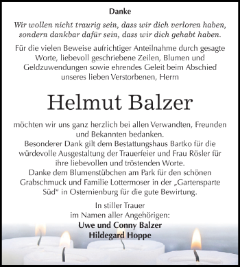 Traueranzeige von Helmut Balzer von WVG - Wochenspiegel Dessau / Köthen