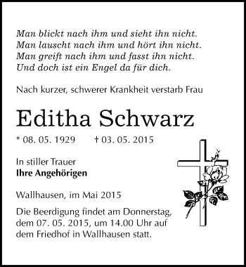 Traueranzeige von Editha Schwarz von Mitteldeutsche Zeitung Sangerhausen