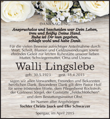 Traueranzeige von Walli Lingslebe von Mitteldeutsche Zeitung Merseburg/Querfurt