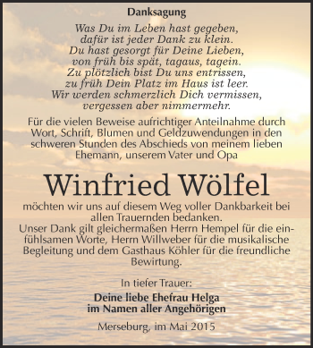 Traueranzeige von Winfried Wölfel von Super Sonntag Merseburg