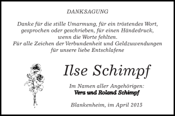 Traueranzeige von Ilse Schimpf von Super Sonntag SGH Mansf. Land
