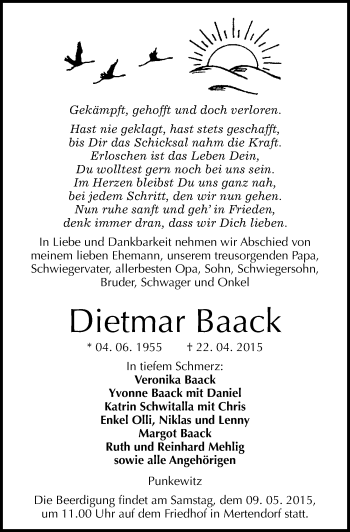Traueranzeige von Dietmar Baack von Mitteldeutsche Zeitung Naumburg/Nebra
